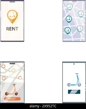 Sammlung von vier mobilen App-Symbolen für Fahrradverleih, Roller und Autovermietung Stock Vektor