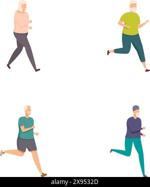 Sammlung von vier verschiedenen, aktiven, Reifen Männern, die in verschiedenen Outfits joggen, isoliert auf weiß Stock Vektor