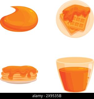 Illustration Set mit köstlichen Frühstückserlebnissen, einschließlich Pfannkuchen, Waffeln und Orangensaft, im Vektorformat mit bearbeitbaren Elementen, perfekt für ein gemütliches Morgenbrunch-Menü Stock Vektor