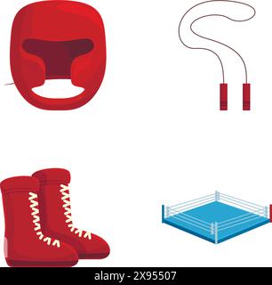 Sammlung von modernen und sauberen Vektorsymbolen für Sportgeräte Set für Boxen. Wrestling. Und Fitnesstraining mit Handschuhen. Stiefel. Sprungseil. Und vieles mehr. In flachen Designelementen Stock Vektor