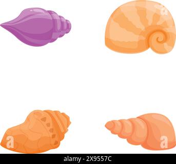 Lebendige Sammlung von vier Muschelabbildungen im Cartoonstil, isoliert auf weißem Hintergrund Stock Vektor