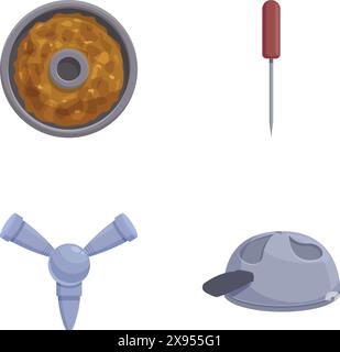 Vektorillustration von vier Konstruktionsymbolen, einschließlich Bohrer, Nagel, Schraubenschlüssel und Schutzhelm Stock Vektor