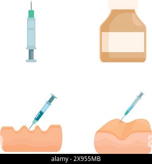 Set mit flachen Symbolen mit Spritze, Medikamentenflasche und Injektionen in Muskelgewebe Stock Vektor