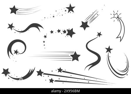 Sternschnuppen, fliegende Sterne mit Kometenschwanz, Satz fallender Sterne mit Spuren, Vektor Stock Vektor