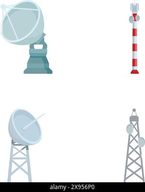 Sammlung von vier flachen Design-Symbolen, die Satellitenschüsseln und Kommunikationstürme darstellen Stock Vektor