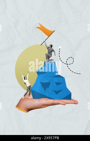 Collage 3D-Bild von Pin-up Pop Retro-Skizze von lustigen Menschen klettern Bergflagge Finish Erzielen Sie Traum ungewöhnliche Fantasy-Reklametafeln Comics Stockfoto