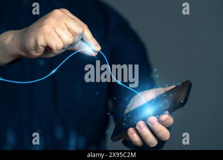 Verbindungen und Netzwerke. Entwirren Sie das Wirrwarr der Probleme. Verfolgen Sie den Gewinde. Technologien und das Internet der Dinge. Kommunikation und Konnektivität. Stockfoto