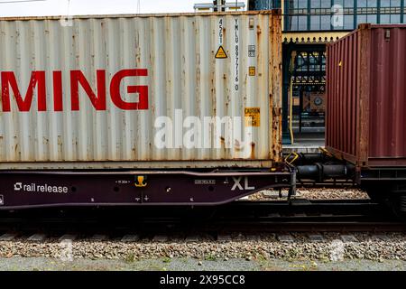 Transport von Fracht mit dem Zug Transport von Fracht und Containern mit dem Güterzug durch einen lokalen Bahnhof in den Bosch, Niederlande in Richtung Deutschland Industriegebiet s. s-Hertogenbosch, Niederlande. Den Bosch / s-Hertogenbosch Centraal Station Noord-Brabant Nederland Copyright: XGuidoxKoppesxPhotox Stockfoto