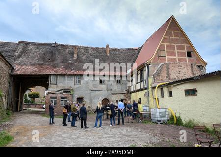 29. Mai 2024, Sachsen-Anhalt, Wettin-Löbejün: Der historische Ackerbürgerhof in der Brauhausgasse von Wettin, wo ein großer Münzfunde aus dem 17. Jahrhundert entdeckt wurde. Zu der Zeit, als die Münzen deponiert wurden, gehörte das Haus Johann Dondorf, einem der reichsten Bürger Wettins, der damals Bürgermeister der Stadt war. Foto: Heiko Rebsch/dpa Stockfoto