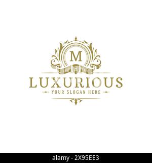 Luxus Logo Wappen Vorlage Design Vektor Illustration. Königliche Vignetten-Ornamente. Stock Vektor