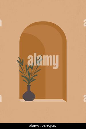 Zeitgenössisches Poster mit strukturiertem Kunstdruck und Vase im Bogen. Töpferwerkstatt Vektordesign. Stock Vektor