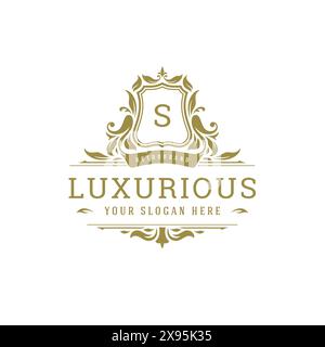 Luxus Logo Wappen Vorlage Design Vektor Illustration. Königliche Vignetten-Ornamente. Stock Vektor