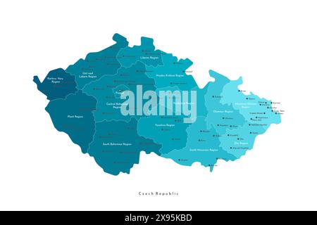 Vektor Moderne isolierte Illustration. Vereinfachte Verwaltungskarte der Tschechischen Republik. Namen der Hauptstadt, Städte und Regionen Stock Vektor