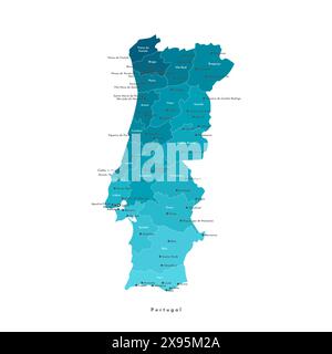Vektor Moderne isolierte Illustration. Vereinfachte Verwaltungskarte Portugals. Namen der Hauptstadt, Städte und Bezirke. Blaue Verlaufsfarben Stock Vektor