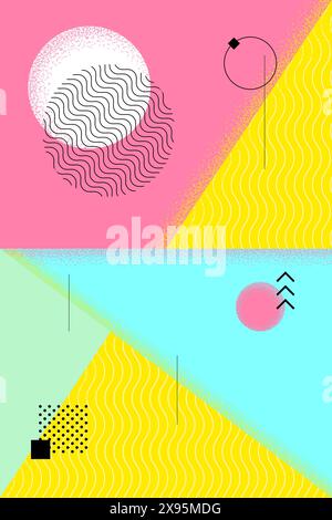 Abstraktes Retro-Poster für den Sommer. Schweizer Ästhetik brutalistische helle geometrische Sonne. Feierliche Party oder Verkaufswerbung naive Grafik. Moderne, trendige Vektor-EPS-Vorlage Stock Vektor