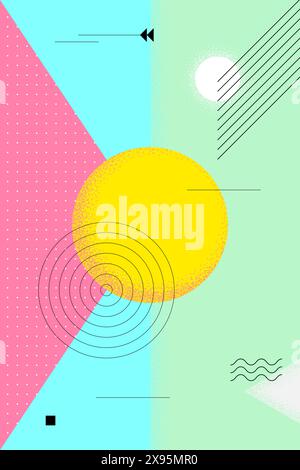 Abstraktes Retro-Poster für den Sommer. Schweizer Ästhetik brutalistische helle geometrische Sonne. Feierliche Party oder Verkaufswerbung naives Grafikdesign. Moderne, trendige Vektor-EPS-Vorlage Stock Vektor