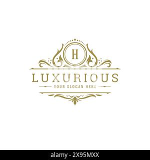 Luxus Logo Wappen Vorlage Design Vektor Illustration. Königliche Vignetten-Ornamente. Stock Vektor