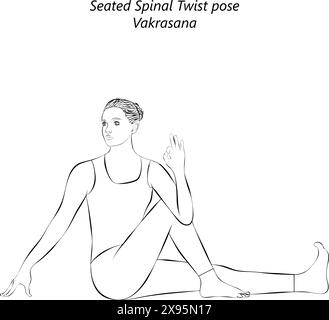 Skizze einer jungen Frau, die Vakrasana-Yoga-Pose praktiziert. Sitzende Rückenmarksdrehung. Mittlere Schwierigkeit. Isolierte Vektordarstellung. Stock Vektor