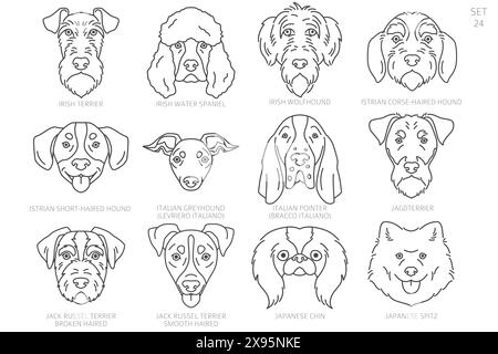 Hundekopf-Silhouetten in alphabetischer Reihenfolge. Alle Hunderassen. Einfaches Linienvektordesign. Vektorabbildung Stock Vektor