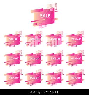 Set rosafarbener Werbebanner auf der modernen Verlaufsform. Geometrische trendige Banner mit Rabatten von fünf bis sechzig Prozent. Moderne Verlaufsform mit p Stock Vektor