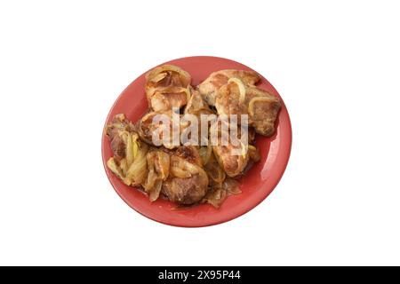 Frittiertes Fleisch, in Stücke geschnitten, verzehrfertig, liegt auf einem Teller. Stockfoto