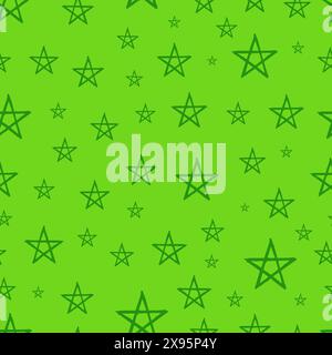 Nahtloser Hintergrund von Kritzelsternen. Grüne handgezeichnete Sterne auf grünem Hintergrund. Vektorabbildung Stock Vektor