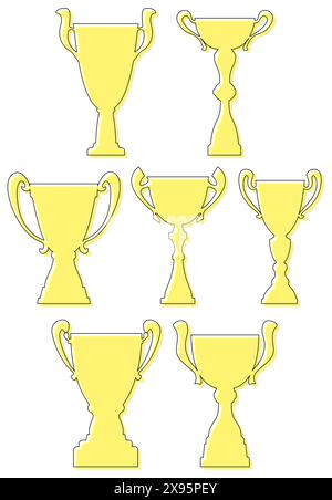 Set mit sieben Champions Cup. Meisterschaftspreis für den ersten Platz. Siegessymbol. Vektorabbildung. Stock Vektor