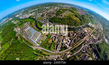 Luftbild, Innenstadtansicht und Fluss Lenne, Schloss Hohenlimburg mit Schlossgarten, Waldgebiet Schlossberg, Gewerbegebiet Obernahmerstraße, Erdkugel, Fisheye Aufnahme, Fischaugen Aufnahme, 360 Grad Aufnahme, Tiny World, Little Planet, Fisheye Bild, Hohenlimburg, Hagen, Ruhrgebiet, Nordrhein-Westfalen, Deutschland ACHTUNGxMINDESTHONORARx60xEURO *** Luftansicht, Stadtansicht und Fluss Lenne, Schloss Hohenlimburg mit Schlossgarten, Waldgebiet Schlossberg, Industriegebiet Obernahmerstraße, Erdkugel, Fischaugenbild, Fisheye-Bild, 360-Grad-Bild, winzige Welt, kleiner Planet, Fisheye-Bild, Stockfoto