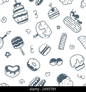Süßes Gebäck mit nahtlosem Muster im Sketch-Stil Stock Vektor