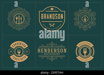 Restaurant-Logos Vorlagen setzen Vektor-Illustration gut für Menü-Etiketten und Café-Abzeichen. Vintage Typografie Dekoration Design Elemente und Symbole. Stock Vektor