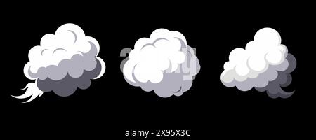 Einfache Sammlung von Zeichentrickwolken. Abstrakte weiße Wolken auf schwarzem Hintergrund. Vektorabbildung. Stock Vektor