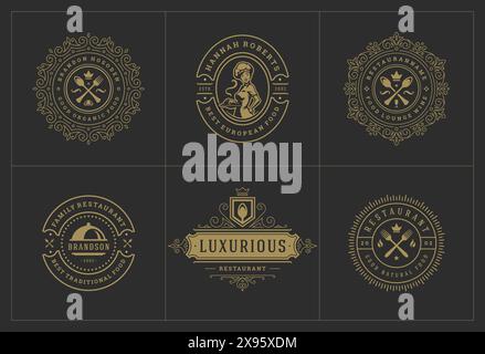 Restaurant-Logos Vorlagen setzen Vektor-Illustration gut für Menü-Etiketten und Café-Abzeichen. Vintage Typografie Dekoration Design Elemente und Symbole. Stock Vektor