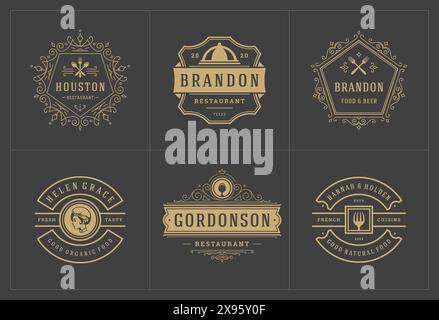 Restaurant-Logos Vorlagen setzen Vektor-Illustration gut für Menü-Etiketten und Café-Abzeichen. Vintage Typografie Dekoration Design Elemente und Symbole. Stock Vektor