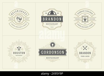 Restaurant-Logos Vorlagen setzen Vektor-Illustration gut für Menü-Etiketten und Café-Abzeichen. Vintage Typografie Dekoration Design Elemente und Symbole. Stock Vektor
