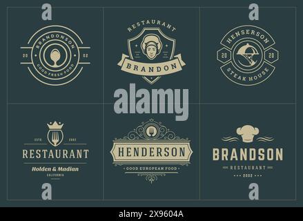 Restaurant-Logos Vorlagen setzen Vektor-Illustration gut für Menü-Etiketten und Café-Abzeichen. Vintage Typografie Dekoration Design Elemente und Symbole. Stock Vektor