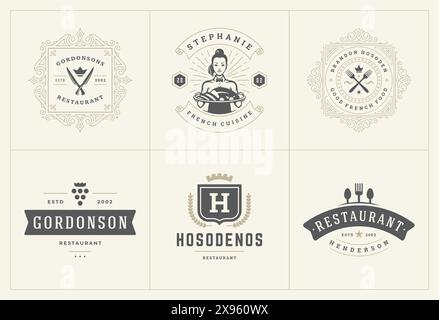 Restaurant-Logos Vorlagen setzen Vektor-Illustration gut für Menü-Etiketten und Café-Abzeichen. Vintage Typografie Dekoration Design Elemente und Symbole. Stock Vektor