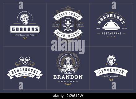 Restaurantlogos Vorlagen setzen Vektorillustration gut für Menüetiketten und Cafe-Abzeichen. Stock Vektor