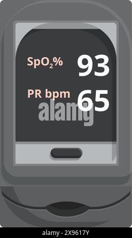 Abbildung: Pulsoxymeter, das spo2 bei 93 % und die Pulsfrequenz bei 65 Schlägen/min anzeigt Stock Vektor