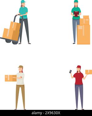 Professionelles Personal in Uniform, darunter Kurierdienste für Männer und Frauen, das mit Handscannern und effizienter Logistik arbeitet und Pakete und Pakete verteilt Stock Vektor