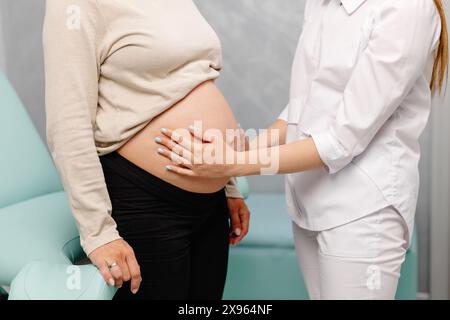 Arzt untersucht schwangere Frau während des Arztbesuchs, berührt ihren Bauch Stockfoto