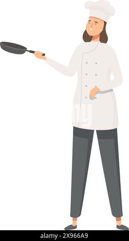 Cartoon einer Küchenchefin in Uniform, die selbstbewusst eine Pfanne hält, isoliert auf weißem Hintergrund Stock Vektor