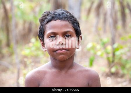 Junge Aborigines Yolngu Boy im Outback Buschland, Nyinyikay Homeland, East Arnhem Land, Northern Territory, Australien, Pazifik Stockfoto