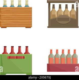 Sammlung verschiedener Bierflaschenkisten und -Träger in flachem Design Stock Vektor