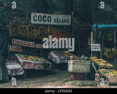 Ein verwitterter Stand neben einer Autobahn, der verschiedene Arten von tropischen Früchten und lokalen Produkten außerhalb von Rio de Janeiro, Brasilien, Südamerika verkauft Stockfoto