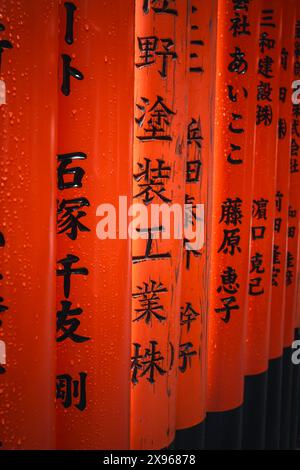 Das rote Torii-Tor zeigt Details am Fushimi Inari Taisha-Schrein in Kyoto, Honshu, Japan, Asien Stockfoto