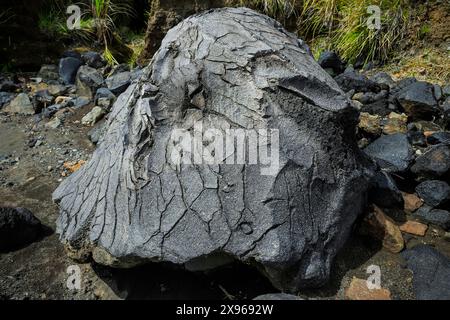 Stressrisse in der Haut einer großen gefallenen Lavabombe in der Nähe des Mount Lokon, eines aktiven Stratovulkans, in der Nähe von Tomohon City, Gunung Lokon, Tomohon Stockfoto