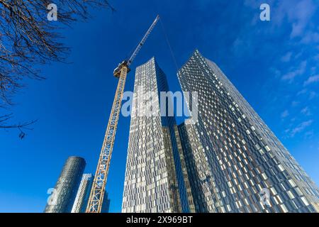 Blick auf die Mehrfamilienhäuser in Deansgate and Crane, Manchester, Lancashire, England, Vereinigtes Königreich Europa Stockfoto