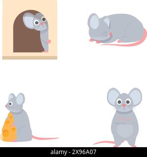 Set mit niedlichen Zeichentrickmaus Illustrationen, perfekt für Kinderbücher oder Animationsprojekte Stock Vektor