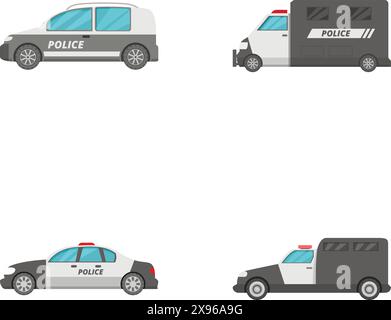 Illustration verschiedener Polizeifahrzeuge im Cartoonstil, einschließlich Autos und Lieferwagen, isoliert auf weißem Hintergrund Stock Vektor