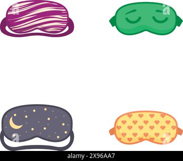 Set aus vier unterschiedlich gestalteten Schlaf-Augen-Masken, isoliert auf weiß Stock Vektor